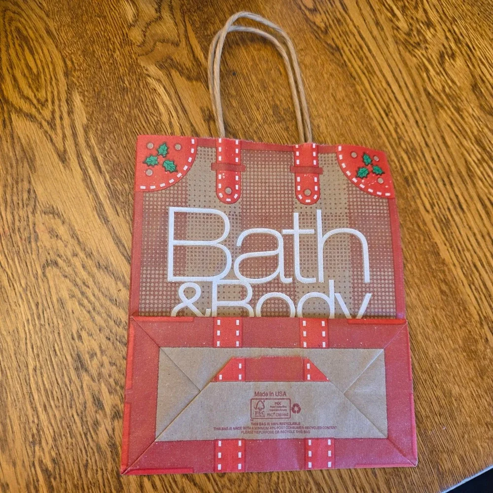Bath & Body Works Holiday Trunk Red Plaid Holly Small Paper Gift Bag Made in USA